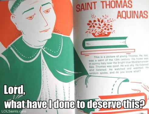 St. Thomas Aquinas rendered in green and orange 70s design