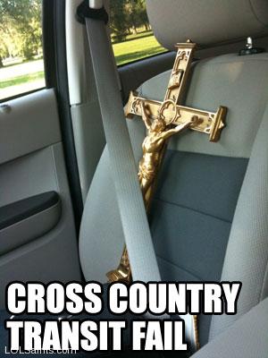 Cross Country Transit Fail - Crucifix Strapped into Seat
