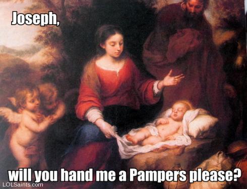 Joseph will you hand me a Pampers Please? Mary changing Jesus' diaper.
