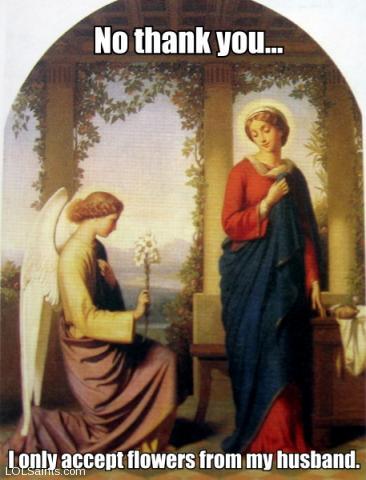 Angel Gabriel offers flowers to Mary, annunciation