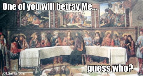 Jesus and eleven apostles on one side of table, Judas on other side by himself